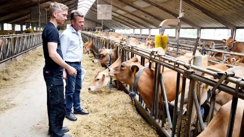 Casper Bo Madsen og Bjørn Nielsen, Kersia Skandinavia ses her i snak på staldgangen. Foto: Camilla Bønløkke