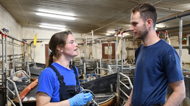 - Jeg kører det hele meget på tillid. Hvis tilliden ikke er der, så er jeg også hurtig til at få lavet en bytter i teamet, fortæller Jacob Wildenschild, der her ses i snak på staldgangen med Charlotte Daabeck, der var elev på gården i 2021, men i dag arbejder på deltid i stalden ved siden af andet arbejde. Fotos: Camilla Bønløkke