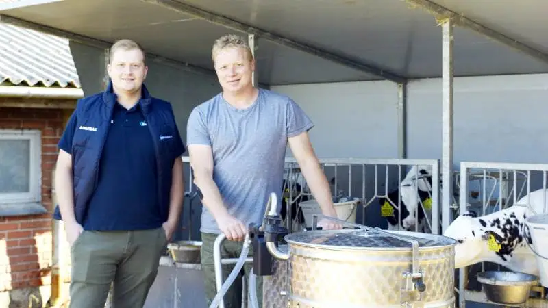 For to og et halvt år siden begyndte mælkeproducent Hans Jacobsen (th) at bruge mælkepulver fra Denkavit. Kalvene stortrives, og Hans Jacobsen nyder at se deres enorme drikkelyst. Palle Mortensen er rådgiver ved Nutrax, som sælger de hollandske produkter i Danmark.