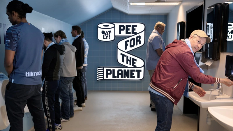 Plantedrikproducenten Oatly og partnere vil gøre urin fra stadion til gødning og teste, om det kan erstatte fossil handelsgødning i fremtidens landbrug. Fotos: Oatly