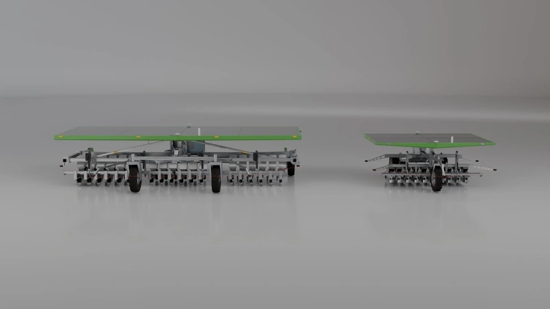 Fra 3,5 meters arbejdsbredde og 12 rækker til op til 6,75 meters arbejdsbredde og 20 rækker. FarmDroid forventer, at den nye FD60 har en kapacitet, der er tre gange så stor som den velkendte FD20. Fotos: FarmDroid ApS