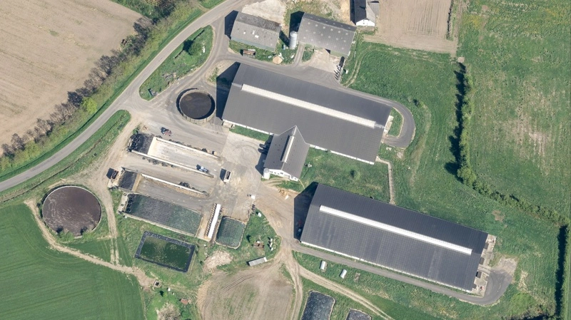 Agrovis køber kvæggård ved Vojens for 47,25 millioner kroner og udvider med 147 hektar, 580 dyr og maskiner. Foto: Klimadatastyrelsen/Skråfoto