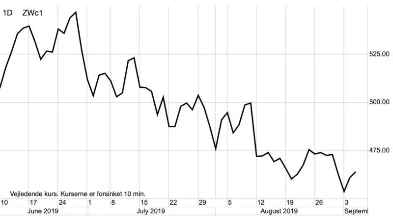 Dagsgraf: CBOT Hvede i us-cent pr. bushel
Hvedeprisen i USA falder. Men skuffende høstfremgang og kvalitet i USA
Kan være det der skal til for at hvedeprisen i USA og måske også her i Europa, kan finde lidt støtte.