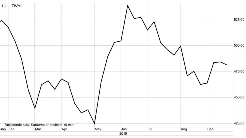 Ugegraf: CBOT Hvede i US-cent pr. bushel
Til trods for at høsten går godt lige nu i USA, så holder hvedeprisen sig pænt oppe og det tyder ikke på at høsten kan presse hvedeprisen meget længere nedi hverken i USA eller her i Europa.