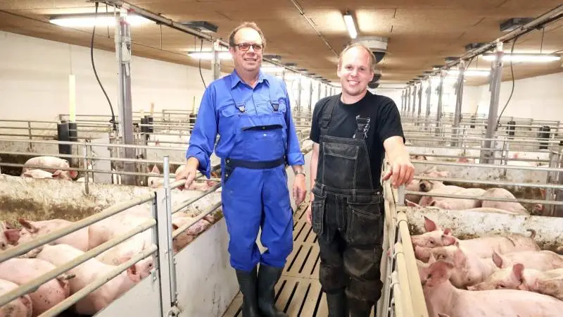 Poul og Arne Overgaard oplever en øget arbejdsglæde ved at arbejde i en stald, de selv har tegnet og været med til at bygge. I dag ser de det som held i uheld, at kommunes byggetilladelse og miljøgodkendelse til nybyggeriet trak ud, for det gjorde, at de kunne få godt to millioners tilskud fra en EU-støtteordning. Fotos: Ditte Birkebæk Jensen