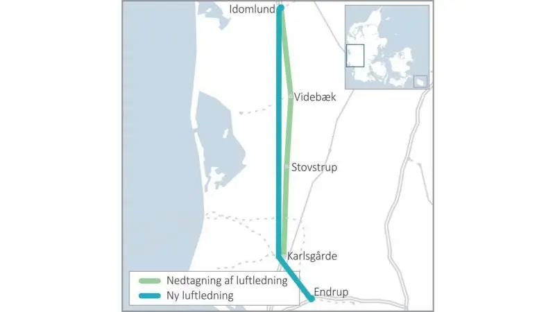 Anlægget af vestkystforbindelsen kommer efter planen til at gå fra Idomlund ved Holstebro i nord over Endrup og ned igennem Sydvestjylland. Det er meningen, at 26 af forbindelsens 170 kilometer kabler skal lægges i jorden. Kilde: Energinet