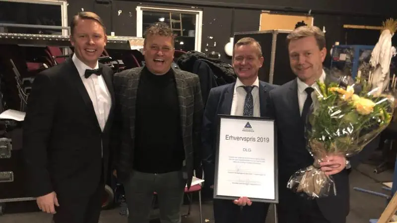 Fra venstre: Borgmester, Jacob Bjerregaard, bestyrelsesformand i Business Fredericia, Bent Jensen, erhvervsdirektør i Business Fredericia, Kristian B. Drejer og koncernchef i DLG, Kristian Hundebøll