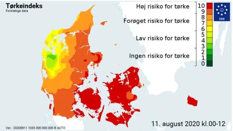 Tørkeindeks for landet 11. august. På nær i Nordvestjylland er tørkeindekset over 7, og der er i følge Seges behov for at vande majs på lettere jordtyper.
Kilde: DMI