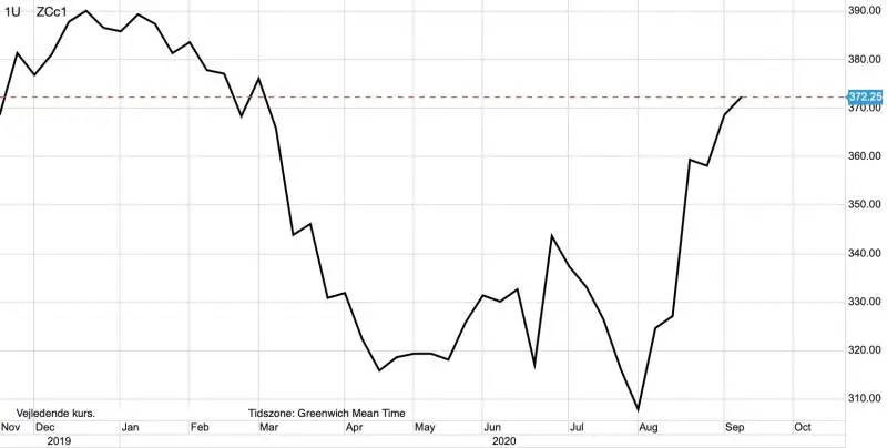 Ugegraf: CBOT-majs i US-cent pr. bushel
Den nye kraftige prisstigning, som majsprisen oplever i USA, er langt fra slut. Med udmeldinger om en stor nedgang i Kinas majsproduktion efter voldsomme vejrforhold kan Kina forventes at søge mod USA for at købe majs ind. Det vil i givet fald være ekstra benzin til den optur, majsprisen har oplevet siden august.