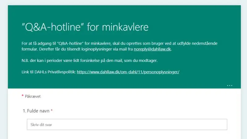 Man kan tilgå den gratis hotline via et link på hjemmesiden dahllaw.dk. Her ses et screendump fra siden.