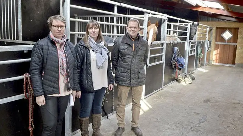 Lisbet Holt Jespersen, Irene Bennetsen og Jens Erik Gräs nyder sammen med hestene de nye forhold.