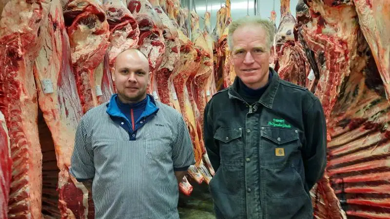 Slagtermester Thomas Grønbæk, (tv), og medindehaver af Gelsted Slagteren, Kristian Kyed i slagteriet, hvor kvæg udgør en stor del af slagtningen og forarbejdningen af kød. Foto: John Ankersen
