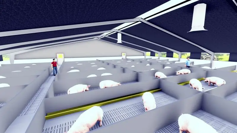 Ejerkredsen bag månegriseprojektet Apollo Thy har opgivet at få projektet i gang. Her ses en modeltegning for, hvordan det var meningen, at staldbygningerne skulle se ud. Arkivfoto.