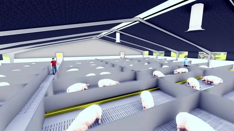 Ejerkredsen bag månegriseprojektet Apollo Thy har opgivet at få projektet i gang. Her ses en modeltegning for, hvordan det var meningen, at staldbygningerne skulle have set ud. Arkivfoto.