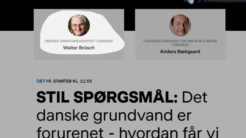 Sådan så der ud på DR's hjemmeside under programmet »Byen med det giftige vand«, hvor Walter Brüsch betegnes som den »førende drikkevandsekspert«. DR beklager nu fejlen.