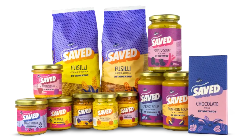 Chokolade, Pasta og diverse spread-produkter, er blandt de 13 første i den nye produktserie »Saved« fra online-supermarkedet Motatos. Produkterne er lavet af upcyclede råvarer. Fotos. Motatos