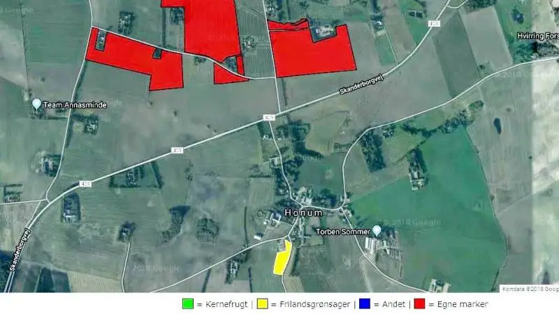 På Landmand.dk kan man se, om der er prosulfocarb-følsomme afgrøder i nærheden af ens marker. Et kort popper op på skærmen, hvis man har marker inden for 1.000 meters afstand til frugt- og grønsagsavlere. Kilde: Seges