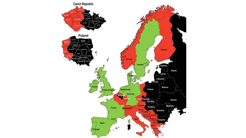 Udbredelse af afrikansk svinepest i Europa pr. 14. september 2018. De sorte zoner er områder med aktuelle udbrud af afrikansk svinepest eller stærkt forhøjet risiko for udbrud. Røde områder er forhøjet risiko, mens grønne områder er lavrisikoområder. Kilde: Seges Svineproduktion