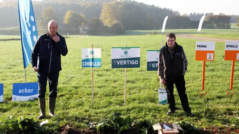 LandboNords kvæg- og planteavlskonsulent Knud R. Jensen (tv) taler for både fem, seks og syv kilo tørstof fra roer i køernes foderration, mens landmand Mogens Henriksen (th) holder sig omkring de tre. Fotos: Christian Carus