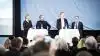 Fra venstre: Mette Frederiksen (S), Morten Østergaard (RV) og Kristian Thulesen Dahl (DF) deltog i debat på årsmøde i Landdistrikternes Fællesråd. Til højre formanden for Fællesrådet, Steffen Damsgaard. Foto: Michael Drost Hansen 