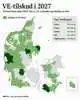 De mørkegrønne områder viser de fem kommuner, der har fået flest penge fra puljen, der premierer kommuner, der går forrest i oprettelsen af vedvarende energi, mens de grønne områder er de øvrige kommuner, der har fået del i midlerne. Grafik: Henning K. Andersen