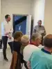 Karl Johan Thomasen (bagerst til højre) aflagde for sidste gang beretning som formand for Ø. Ø. Halm. Stående til venstre er det Andreas Jeppesen, medlem af bestyrelsen, der varetog rollen som dirigent på generalforsamlingen.
